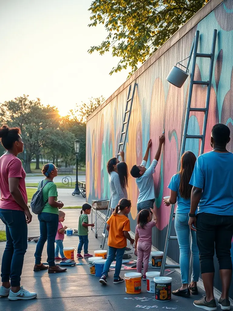 A photograph of a vibrant mural being painted by community members, showcasing collaborative art and the beautification of public spaces.