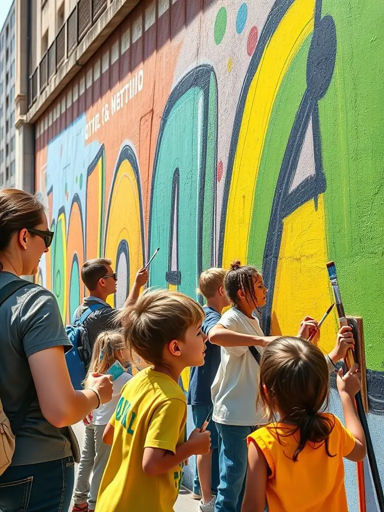 A dynamic image showing children and adults collaborating on a large-scale mural project in a public space, using bright colors and expressive strokes, symbolizing Lumiere de Glace's dedication to public art and community collaboration.