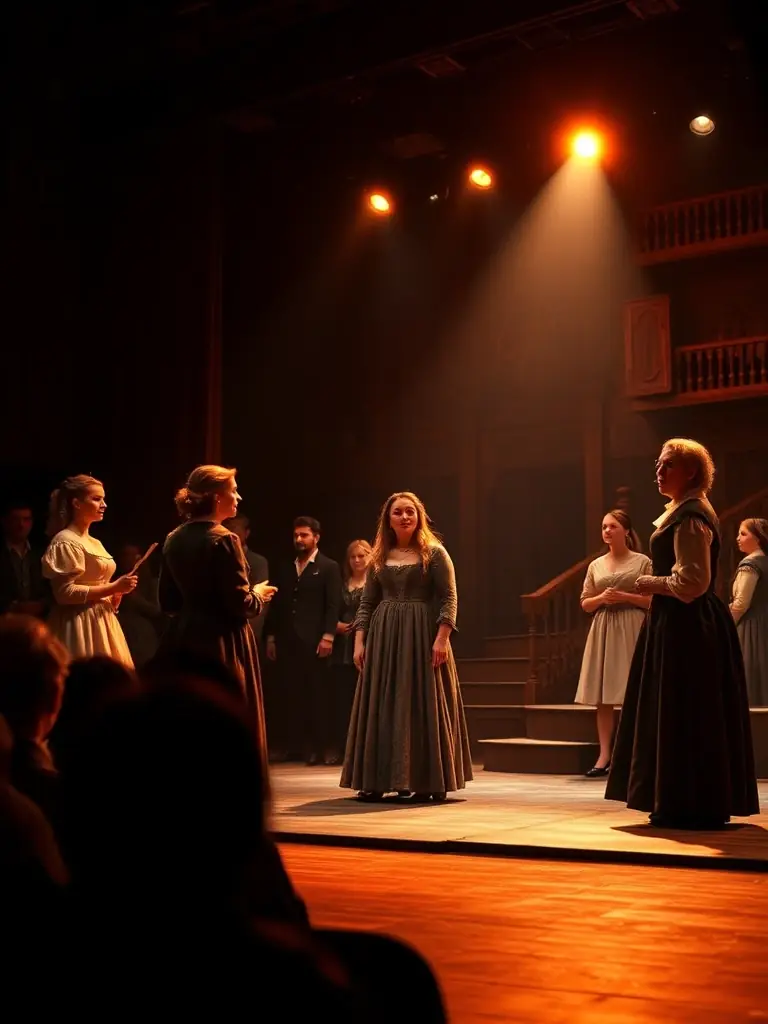 A photograph of a theatrical performance in a small, intimate theater setting, showcasing actors in costume delivering a dramatic scene, highlighting Lumiere de Glace's support for emerging theatrical talents and accessible theater experiences.