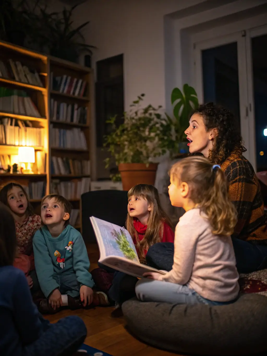An image of children participating in an interactive storytelling session, with a storyteller captivating their attention with expressive gestures and voices.