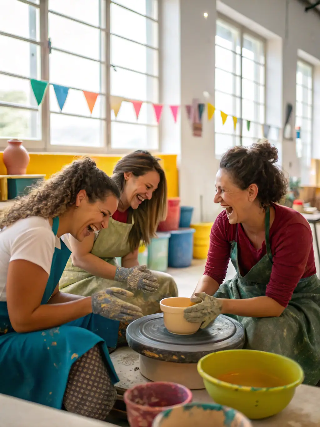 A group of diverse individuals participating in a pottery workshop, their hands covered in clay, smiling and focused, set against a bright, naturally lit studio background, illustrating Lumiere de Glace's commitment to accessible arts education.