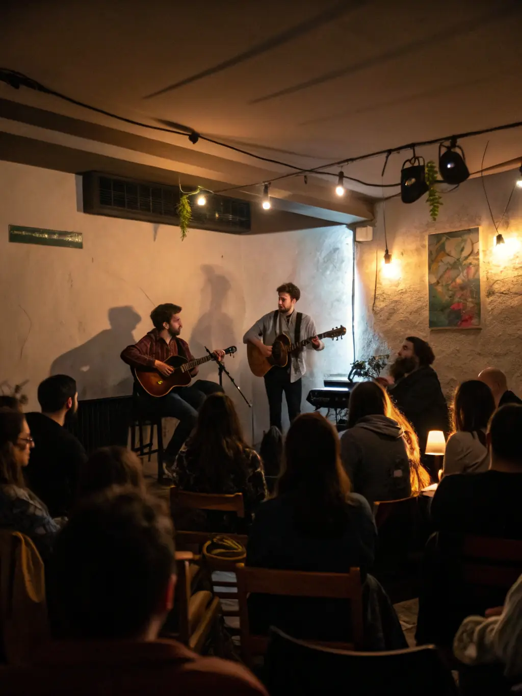 A vibrant photograph capturing a live musical performance in a community center, featuring musicians of various backgrounds playing instruments, with an engaged audience visible in the background, representing Lumiere de Glace's support for live music and community engagement.