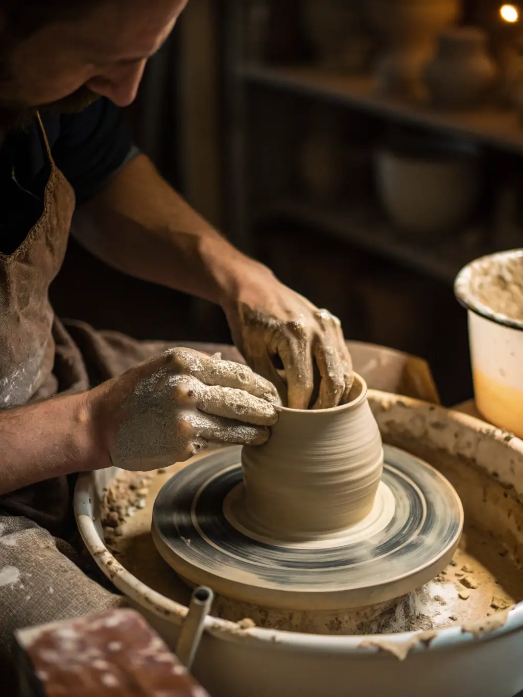 A photograph capturing a diverse group of participants engaged in a pottery workshop, showcasing hands-on artistic creation and community interaction.