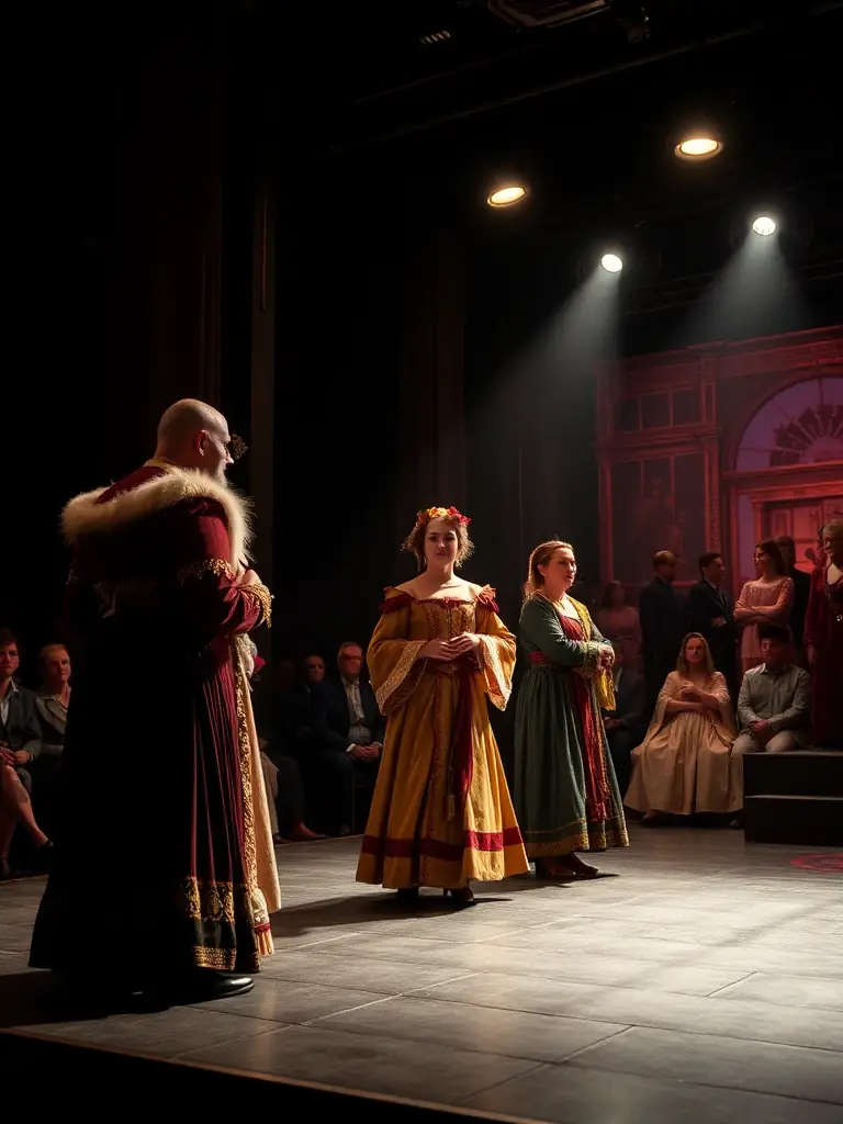 A dynamic image of a live theater performance, featuring actors in costume on stage, highlighting the energy and artistry of the performing arts.